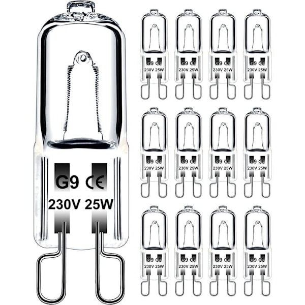 G9 Pære 25W 230V Dimbar Varm Hvit, G9 Halogen Pære 300°C Toleranse, G9 Ovns Pære for Mikrobølgeovn Komfyr Taklamper, Pakke med 12 [Energi Kl