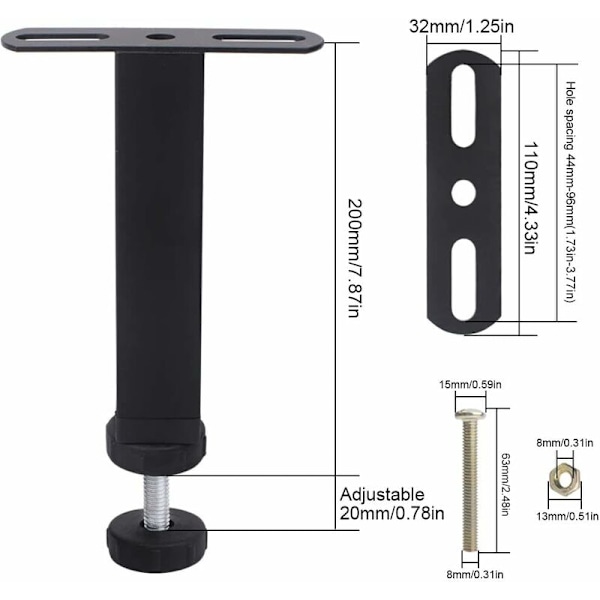 Justerbare svarte sengbein Møbelbein Heavy Duty Slat Support Leg Metall Møbelstøttebein Sengramme Tilbehør T-Dobbel Hull med Skruer 20