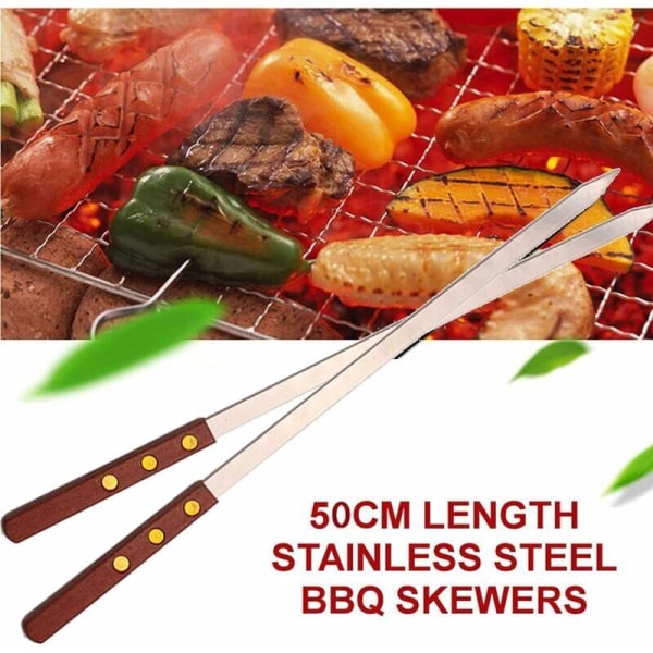 10 stk grillspyd i rustfritt stål, 50 cm grillspyd, med gjenbrukbar håndtak i rustfritt stål, grilltilbehør