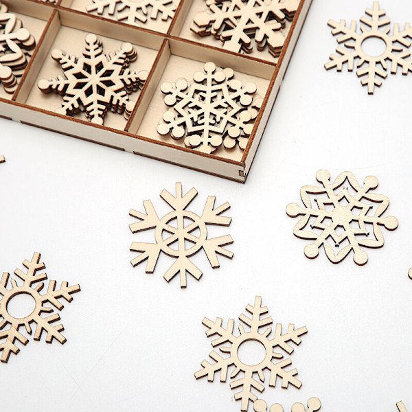 36 stycken julgranspynt i trä, snöflingor, träjulhänge, träjulhängande hängen, träjulformer, julträ