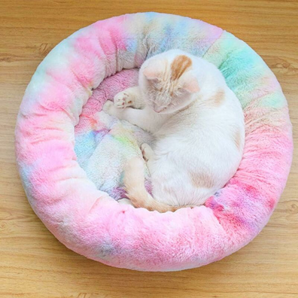 Rund Plys Kattekurv til Dyr Katte og Små Hunde Katteseng Pude Donut Hundebed Passer Rede Sofa XH062 (Diameter: 80, Farverig Pink)