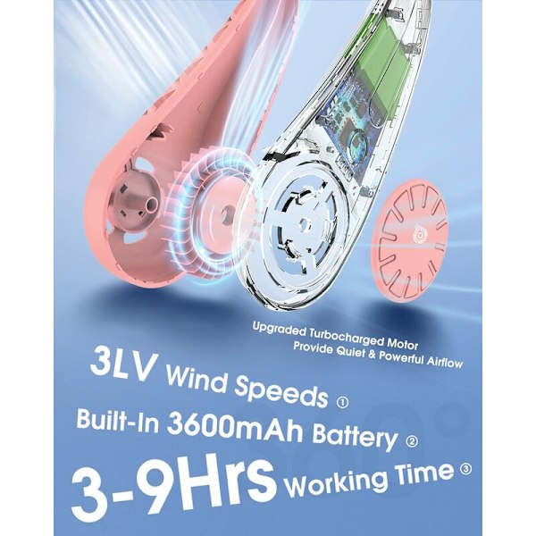Bärbar Bladfri Halsfläkt USB Laddningsbar 3600mAh Batteri 3 Hastigheter för Hem Kontor Utomhus och Resor Rosa