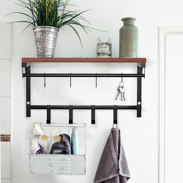 Seinäteline - Seinähylly 8 Koukulla, Ripustushylly Metallisella Tangolla, Teollinen Tyyli - RWCoat Rack
