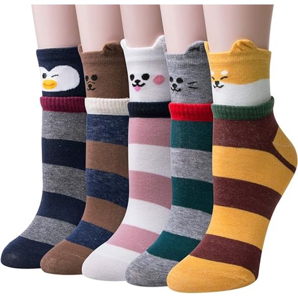 Komfortable 5 par kvinders sokker Sjove søde dyr Damestrømper Kat Hundestrømper Gaver til kvinder, One Size