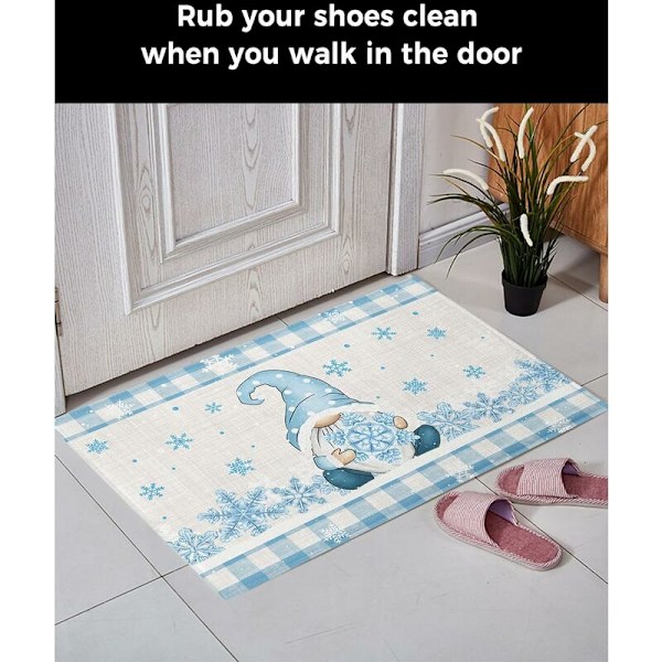 Julbadrumsmatta, blått och vitt snöflingemönster, mjuk plyschmikrofiber tvättbar husdjursmatta, halkfri, mycket absorberande, 16\" x 24\"
