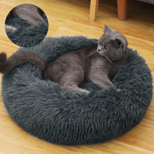 Rund Dyre seng til Katte, Hvalpe og Mellemstore Hunde, Blød og varm Plys pude, Donut Sofa (Diameter: 80cm, Mørkegrå)