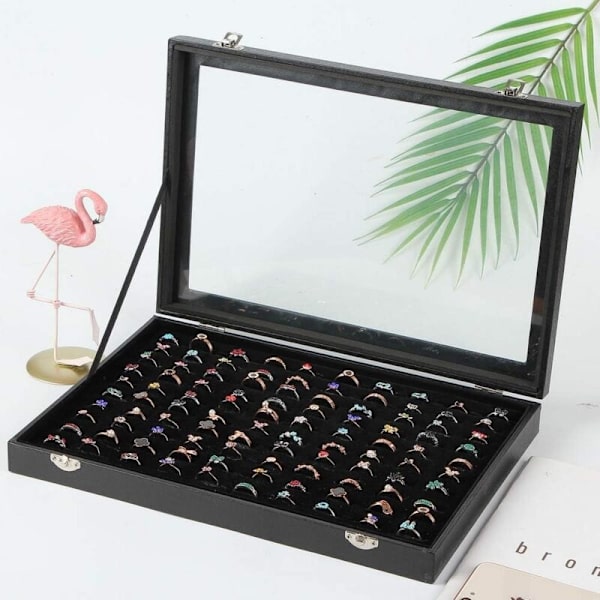 Ringförvaringslåda med Transparent Lock, Visningsställ för Förvaring, Smyckesdisplay, Hem, Ringorganisatör för Smyckesringar (100 Fack, Svart)