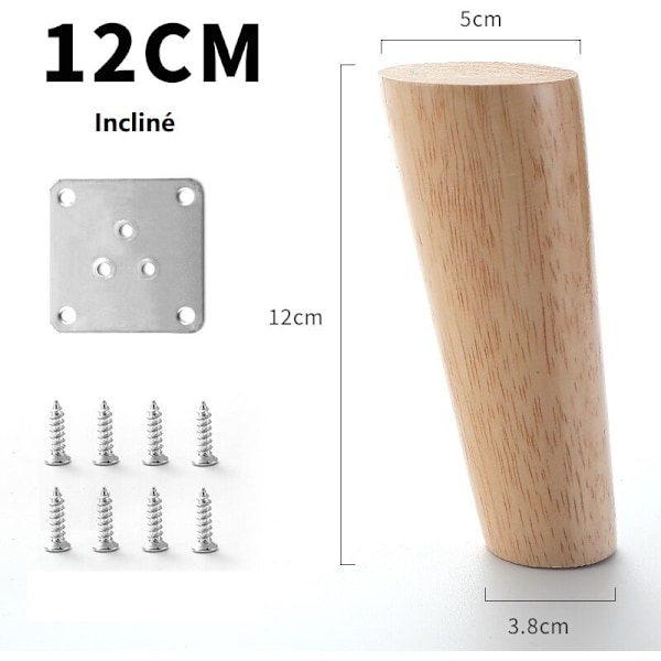12cm Træbordben Sæt af 4 Tapered Slanke Massivt Træ Møbelben med Monteringsplader og Skruer til Sofa Seng Skab Sofa Stol (Hældning)