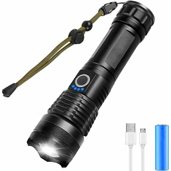 Ficklampa, Ultrastark USB Laddningsbar LED 3000 Lumen CREE XHP50 Ficklampa, 5 Lägen IP65 Vattentät Militär Zoombar för Camping Vandring