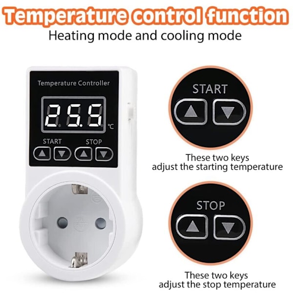 1 Termostatkontakt med sensor, digital temperaturstyringskontakt, vanntett temperatursbryter, EU-plugg