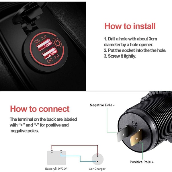 3.0 dobbel USB-laderkontakt, vanntett 12V/24V USB-kontakt med berøringsbryter for bil, marine, båt, bobil, , rød