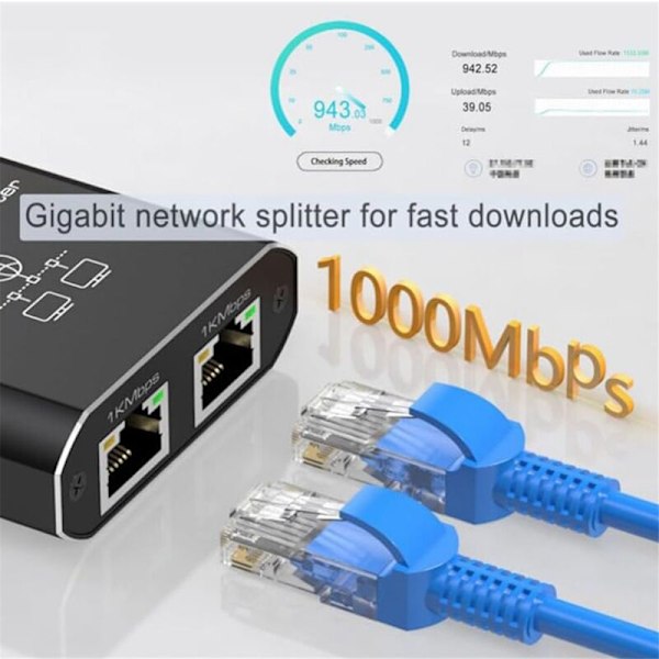 1 til 2 Ethernet-splitter - 1000 Mbps høyhastighets nettverkssplitteradapter med USB-strømledning for Cat5/5E/6/7/8-kabel