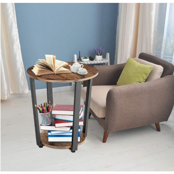 Runt soffbord med förvaringshylla, sidobricka för små utrymmen, lätt att montera, utvalda möbler med stålram, rustik brun