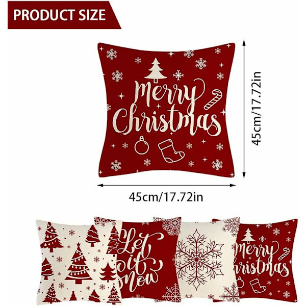 Julkuddeöverdrag, 4-pack Jul Kuddfodral 45x45cm Dekorativa Kuddfodral, Jul Linne Kuddfodral för Inredning