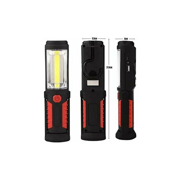 Händerfri Laddningsbar LED-ficklampa 3W 2-i-1 COB LED Handhållen Ficklampa för Camping/Vandring/Bil/Garage/Workshop, Två Belysningslägen, Röd