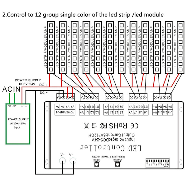 12 kanals DMX dekoder RGB LED-controller 60A PWM DMX512 lysdæmper til RGB LED-strip og LED-modul lys DC12V-24V