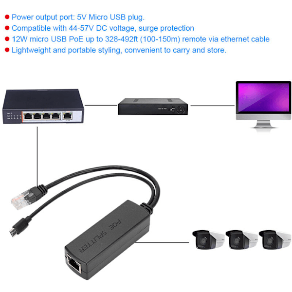 POE Ethernet strømforsyning adapter DC48V til DC5V injektionsmodul USB-stik