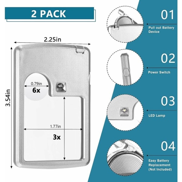 Taskulamppu suurennuslasi 2 kpl 3X ja 6X suurennuslasi Luottokorttisuurennuslasit valolla Pienet minisuurennuslasit lukemiseen, koruihin