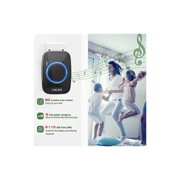 CACAZI Wireless Doorbell Waterproof 300M 60 Music Switching, 5 Volume Levels, Smart Doorbell Battery Plug 110V-220V