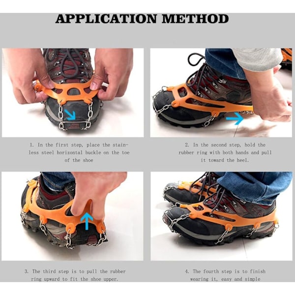 Sneekæder til sne (1 par), Anti-Slip Sneekæder med 8 Kæder til Sko i Manganstål til Snebestigning, Vandreture eller Aktiviteter på Sneet Terræn (Orange) -