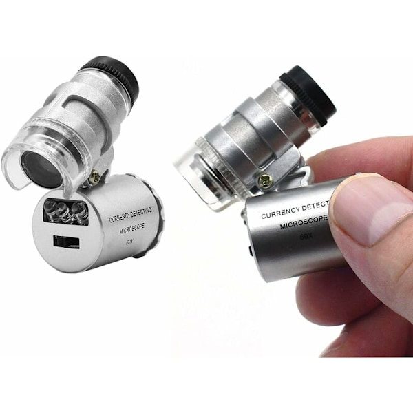 60X Justerbar Mini LED Fickmikroskop Förstoringsglas med Valutadetektering