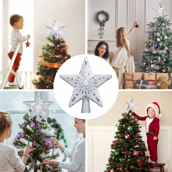 Stjerne juletre, 2 i 1 LED Snowflake projektorlampe, lys opp juletre stjerne for innendørs utendørs juletre topper dekorasjon, sølv S