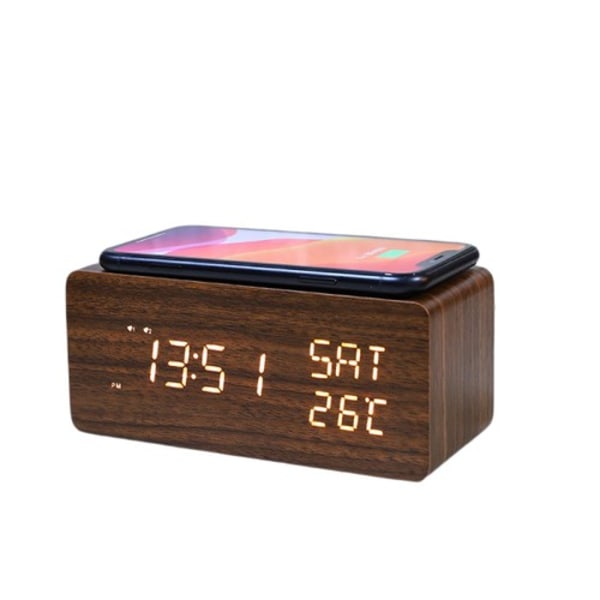 Digital väckarklocka i trä med trådlös laddning, LED-skärm 3 larm, ljudkontroll och dubbel snooze för sovrum, säng
