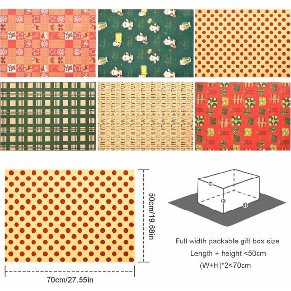 Pakke med 6 julegavepapir, 50 x 70 cm, resirkulert kraft gavepapir, julegavepapir, gavepapir til jul