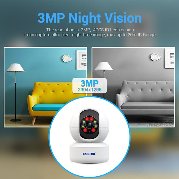 Overvågningskameraer 3MP WiFi 2.4 GHz PTZ IP Kamera Nattesyn To-vejs Stemme Humanode Detection Bevægelsessporing Lydalarm Cloud Storage