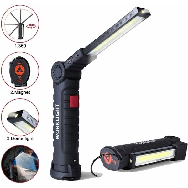 Genopladelig LED Arbejdslampe, LED 800LM Waller Lommelygte, Genopladelig LED Værkstedslampe, Inspektionslampe, Lommelygte Magnetisk Base 5 Tilstande til Garage