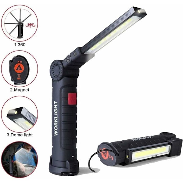 Latautuva LED-työvalo, LED 800LM Waller-taskulamppu, Latautuva LED-työpaja-valo, Tarkastusvalo, Taskulamppu magneettisella pohjalla 5 tilaa autotallille