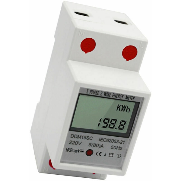 EDF-mittari Yksivaiheinen DIN-kisko Energiamittari LCD Digitaalinen Näyttö 5-80A 220V 50Hz Elektroninen KWh-mittari Energiankulutuksen Seuranta DDM15SC, Valkoinen