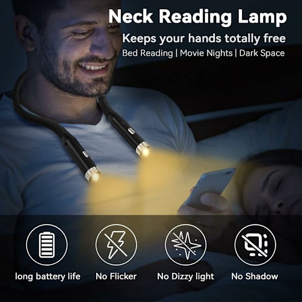 Kaulavalaisin, Ladattava Lukulampun Kaulavalaisin, 3 Väriä ja 3 Säädettävää Kirkkaustasoa, 360° Taitettava, USB LED Lukulampun Matkustamiseen