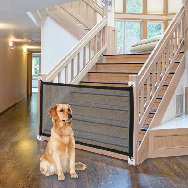Udvidelig hundesikkerhedslåge, indtrækbart kæledyrshegn, kæledyrshegn, hundehegn, trappehundehegn, Magic Dog Gate 110 72cm (sort)