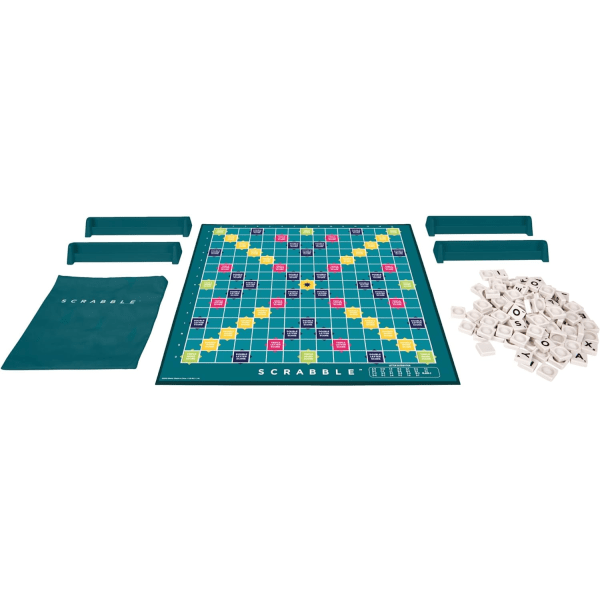 Klassisk Scrabble, originalt kryssordbrettspill, engelsk versjon, familiebrettspill for voksne og barn, ordspill, for 2 til 4 spillere, 10 år