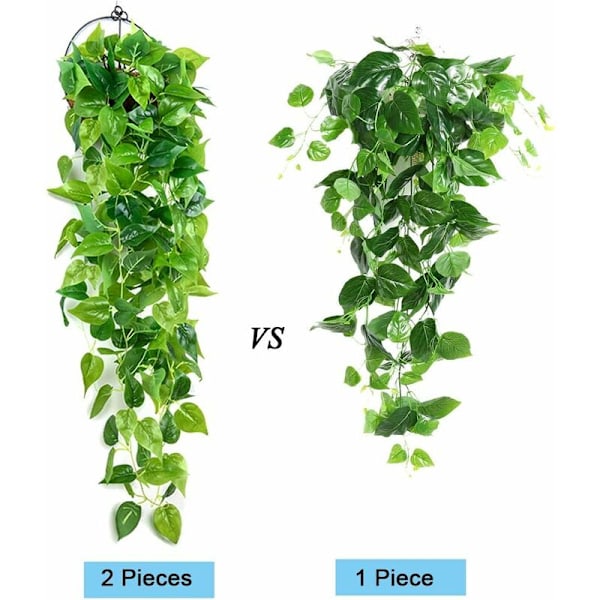2 stycken konstgjorda hängande växter, 90cm falsk murgröna hängande gröna Scindapsus blad för heminredning