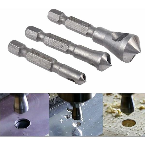 Sats för försänkning och avgradning, 3 st 90 graders centrumpunschverktygssatser för försänkning av fasade metallträborr med 1/4 tums sexkantigt skaft