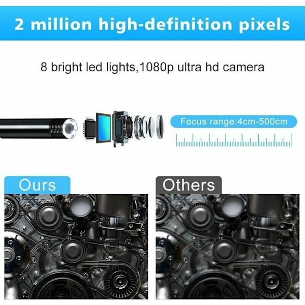 WiFi Endoskopkamera Endoskopisk Kamera 1200P HD Rørinspektionskamera med LED-lys til iPhone/Android Mobiltelefon/Windows/Mac/Tablet/PC— ​(5M
