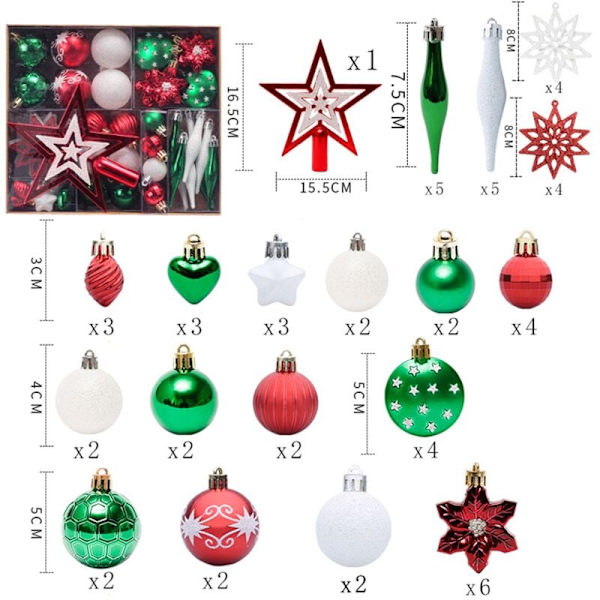 Julgranshängande Ornamentuppsättning, 58 st Färgglada Okrossbara Julbollar Stjärnberlock