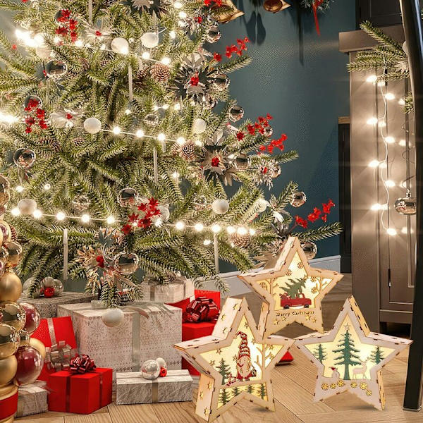 Juldekoration för Fönster, 3 st Julstjärnor med Ljus, LED Träbelyst Juldekoration, Trähängande Ornament för Julgran, DI