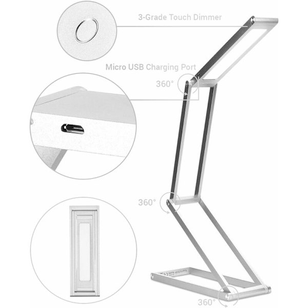 Taitettava alumiininen LED-pöytälamppu - Akulla toimiva sängynpäätylamppu himmennettävä lukulamppu Micro USB -latauskaapeli - Akulla toimiva pöytälamppu Hopea f