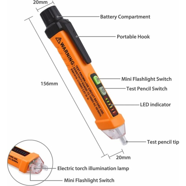 Elektrisk tester, berøringsfri spændingsdetektor 12-1000V, fase/neutral ledningstest, lyd- og lysbuzzer, lommelygte, AC 50-500Hz, NCV spændingstester