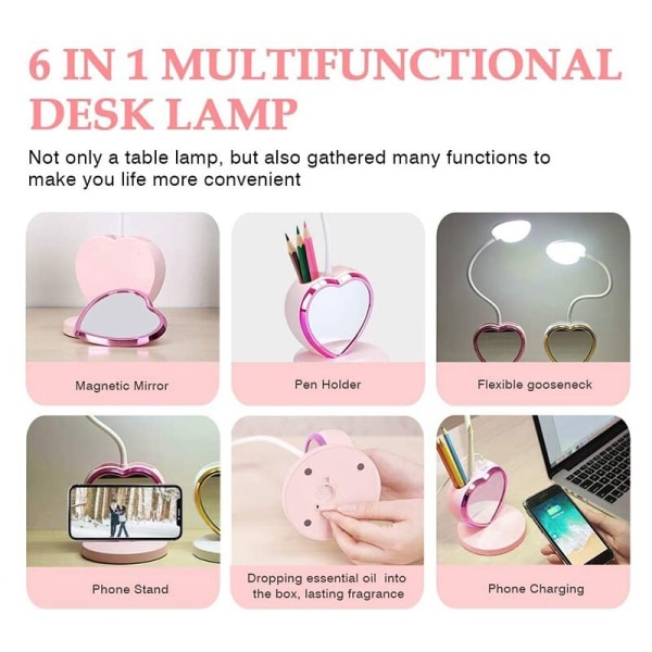 Tryk LED-bordlampe, bordlampe med USB-opladningsport og pen/telefonholder, genopladelig studielampe til teenagere, pink