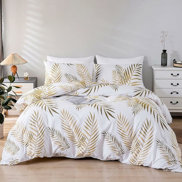 3-delt sengetøysett med dynetrekk med gullfarget tropiske blader, 2 x putevar 50x75cm og dynetrekk 168x229cm - DENUOTOP