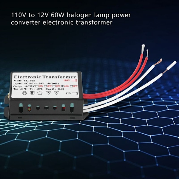 110V til 12V 60W Halogen Strøm Inverter Konverter Elektronisk Transformer Sort