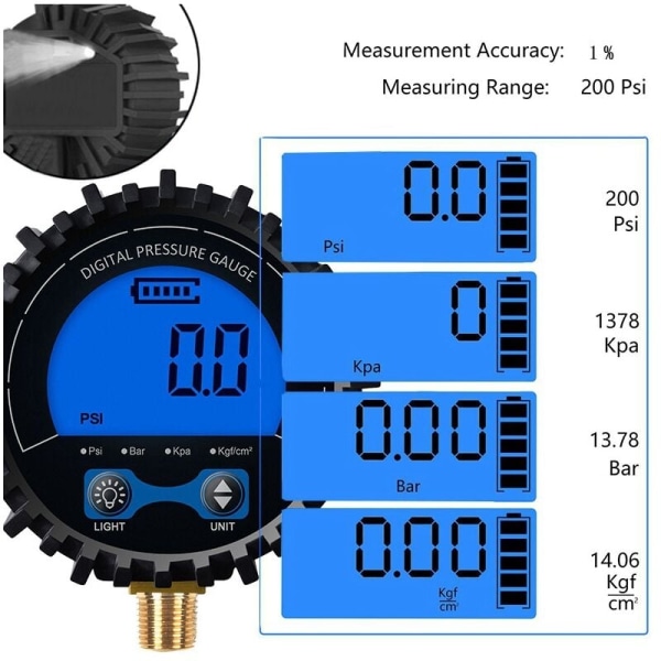 Digitalt dekktrykkmåler Dekktester Display Lufttrykkmåler 1/4 gjengetilkobling