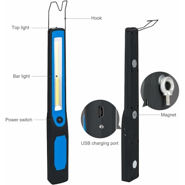 USB Ladbar Inspeksjonslys Arbeidslys COB Lommelykt 2 i 1 med Magnetbase og Hengekrok for DIY, Hjem, Arbeid, Fiske, Vandring, Camping