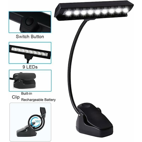 LED-bordklemmelampe, fleksibel USB-oppladbar klemme nattlys, 9 LED-lampe med justerbar lysstyrke for piano, reisebord og seng HIASDFLS