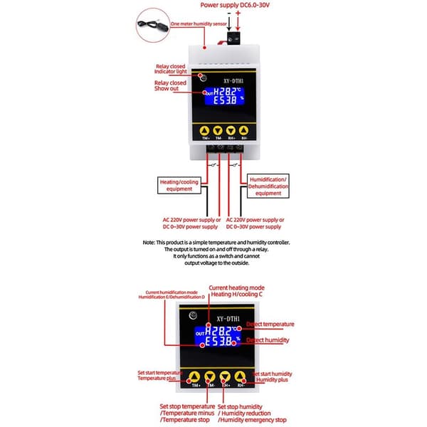 10A LCD-skinne digital display termostat temperaturfuktighetskontroller med XY-DTH1-sensor dobbeltkanals relémodul