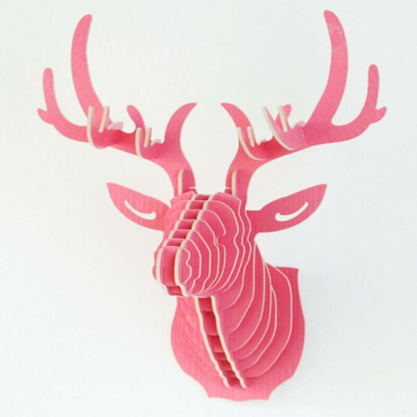 3D træ hjortehoved skulptur vægdekoration til indgang soveværelse gang indretning - Pink